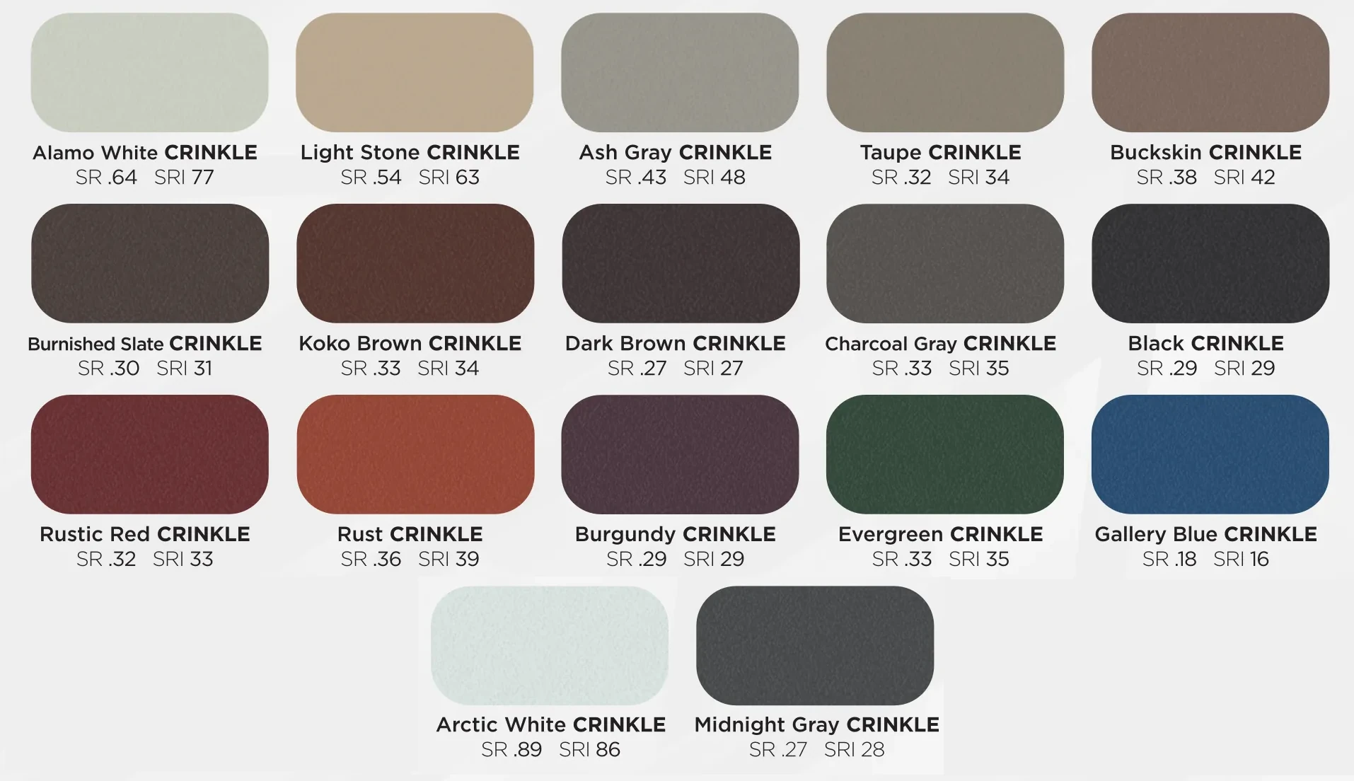 A grid of rounded paint swatches in neutral and earthy tones with each color labeled CRINKLE and a shade name underneath such as Alamo White, Light Stone, Ash Gray, Taupe, Buckskin, Burnished Slate, Koko Brown, Dark Brown, Charcoal Gray, Black, Rustic Red, Rust, Burgundy, Evergreen, Gallery Blue, Arctic White, Midnight Gray.
